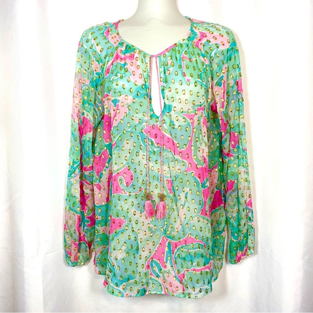 LILLY PULITZER Tropical Pink Sands Sheer Silk & Metallic Rilla Top Blouse